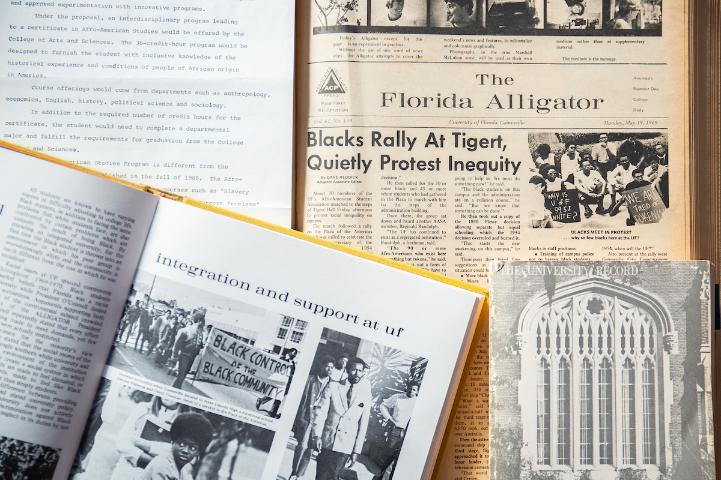 <p>Coverage of activism in The Florida Alligator, May 19, 1969. The Seminole Yearbook 1969-70.  University Record Undergraduate Catalog, 1970-71. University of Florida Archives, George A. Smathers Libraries, University of Florida.</p>