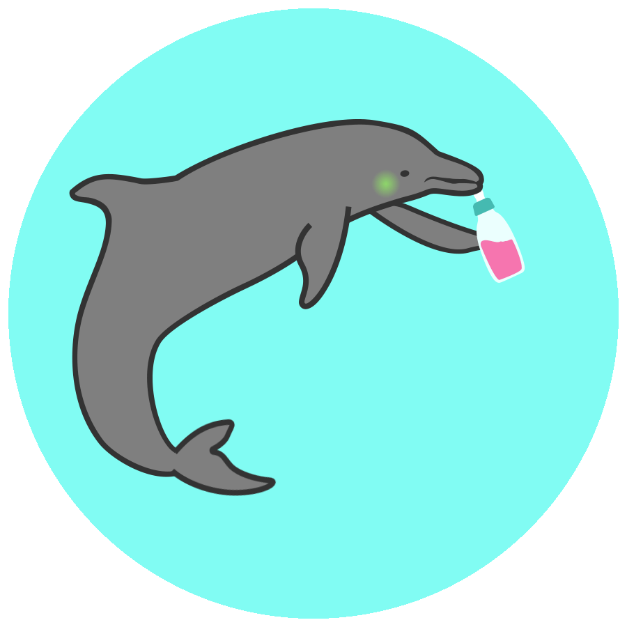an illustrated dolphin sips pink liquid from a baby bottle