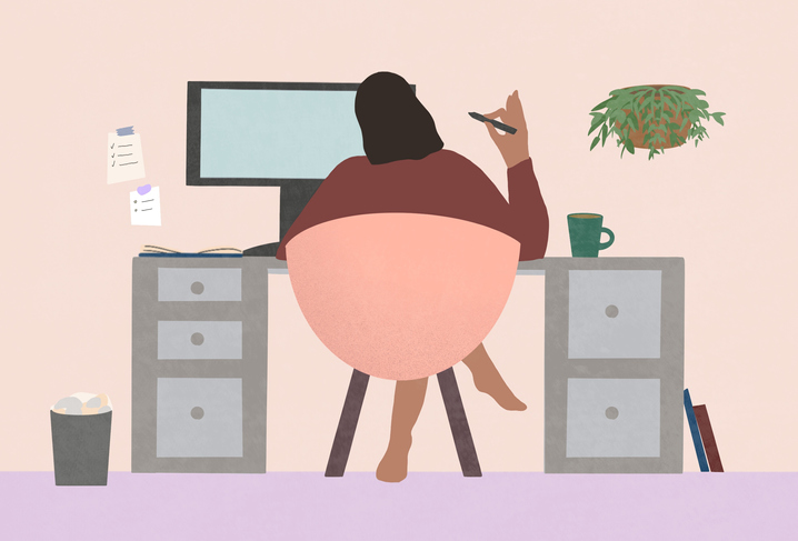 illustration of barefoot worker at desk at home