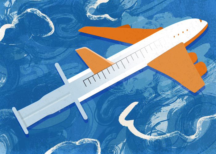 illustration of an airplane where the tail is syringe for a vaccine 