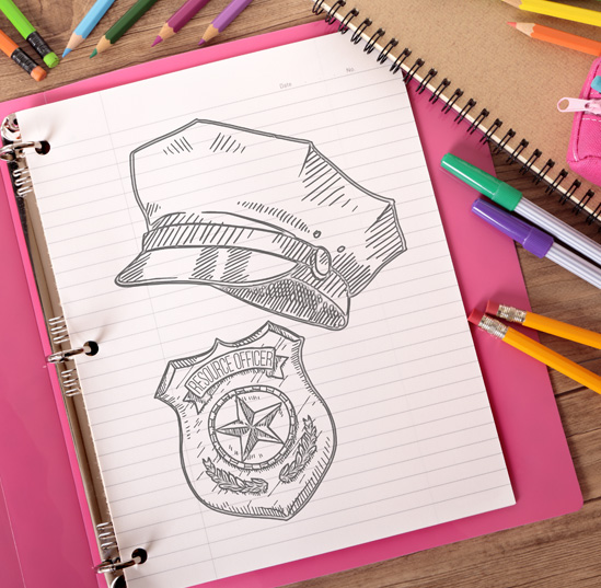 A drawing of a police hat and badge in a child's notebook