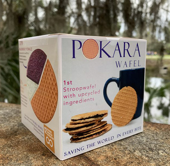 A product photo of the box of Pokara Wafel, a sustainably baked stroopwafel