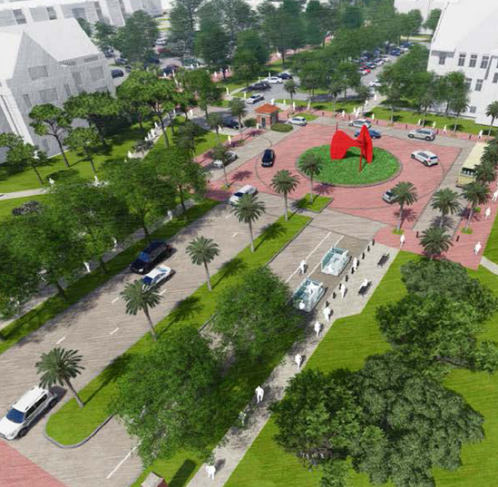 A computer rendering of the new Northwest Gateway on the UF Campus showing an aerial view of a roundabout with a statue in the center