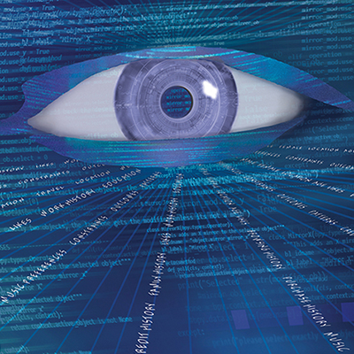 A graphic depicting an eye representing an artificial intelligence absorbing data. 