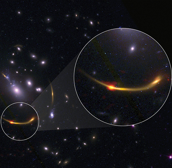 The magnified section shows a bright orange/red dot, which traces cold dust observed in radio using ALMA. This cold dust helps scientists to understand, by inference, the amount of cold hydrogen gas—required for the formation of stars—present in the galaxies in the cluster.