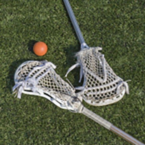 An image depicting lacrosse sticks and a ball laying on the grass. 