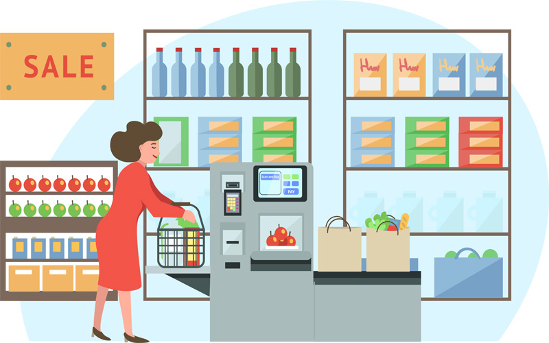 A graphic depicts a cartoon woman using a self checkout machine at a supermarket