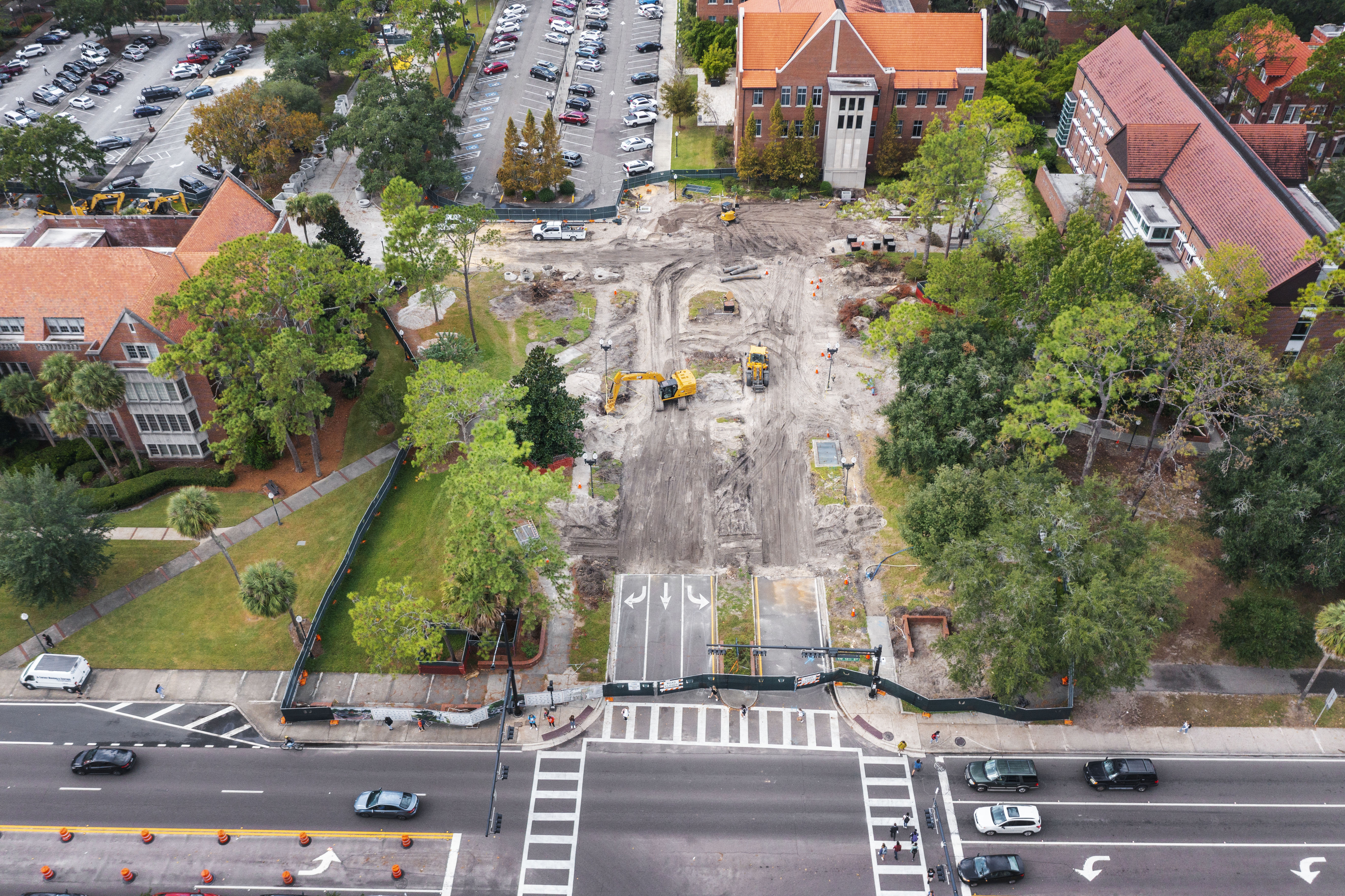 An aerial picture of the construction underway at the UF entrance on Union Road and SW 13th Street. Photo by Brianne Lehan