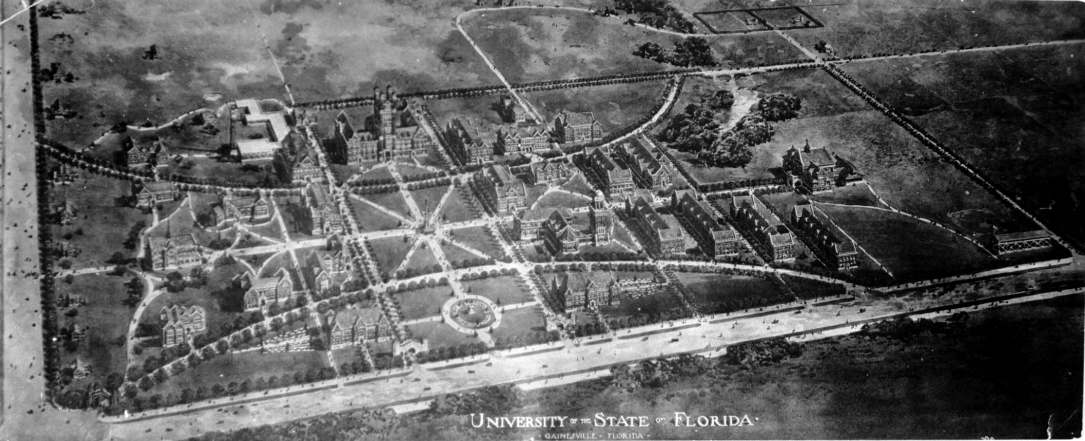 An aerial drawing of the University of Florida campus in 1910