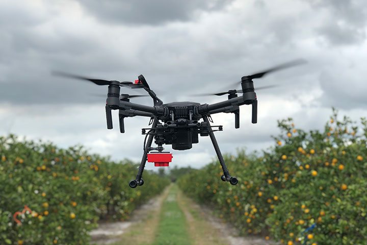 An image of a small unmanned aerial vehicles hovering over a field. 