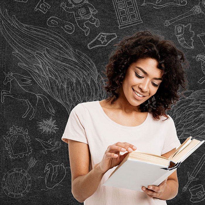 A graphic of a woman reading a book with a chalkboard in the background that depicts iconic items of fictional characters, such as a starred tiara and a glass slipper.  