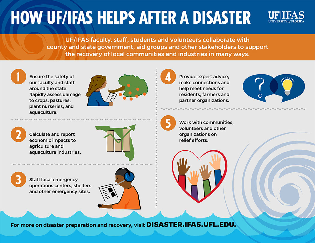 A graphic lists how UF/IFAS works with communities to support recovery efforts after a storm.
