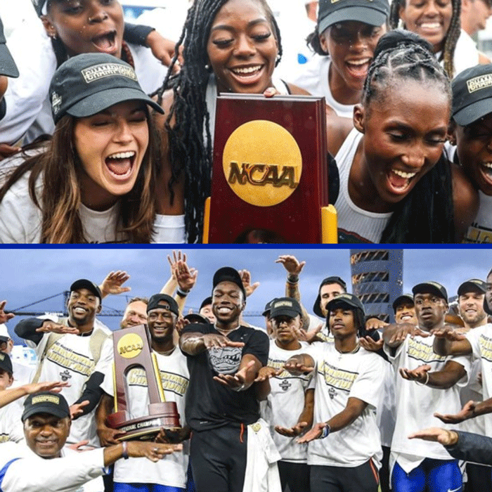 Collage of two track teams holding trophies.