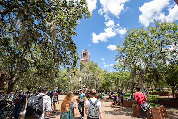 Students walking on UF campus during the day