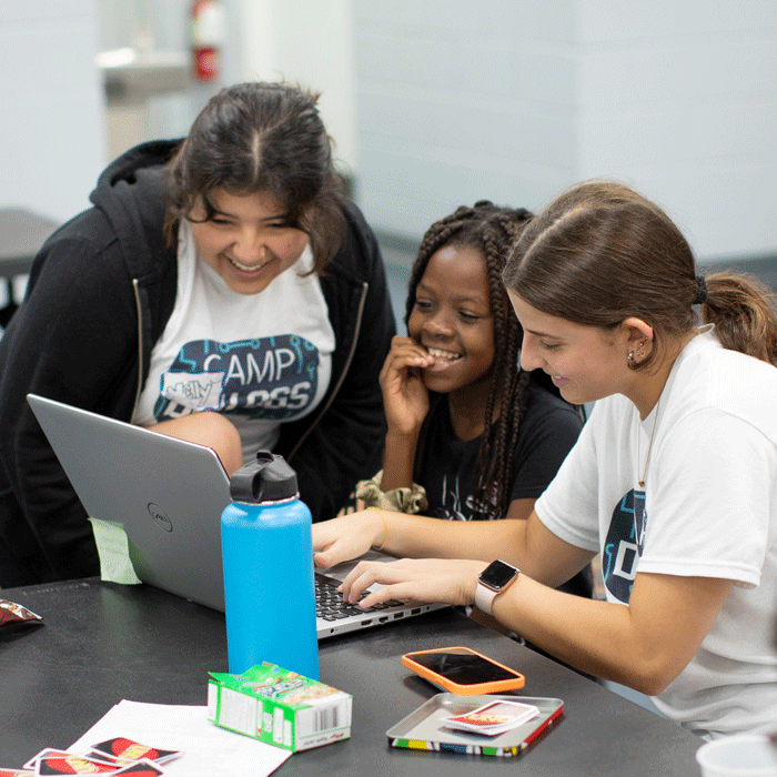 Two women using a computer with a young girl.