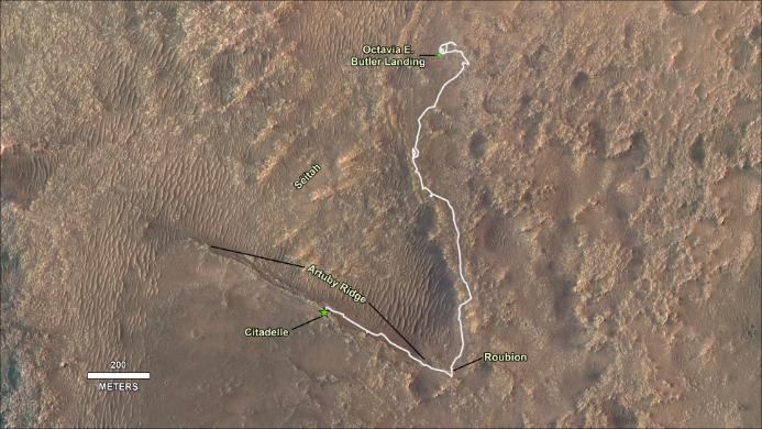 A map showing the path of the Mars rover