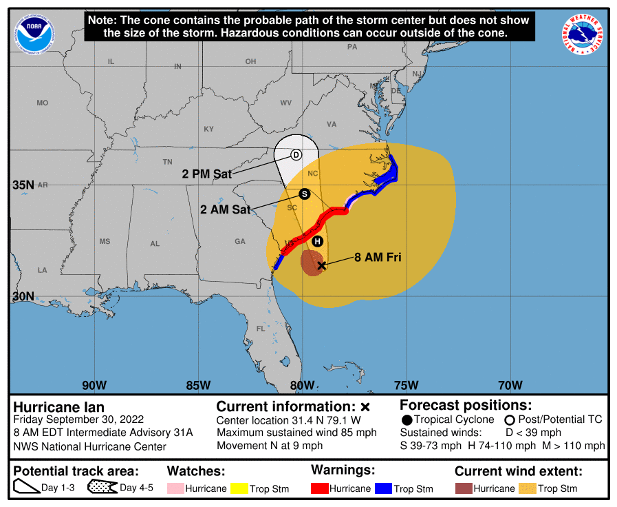 National Hurricane Center's projected storm path map for Hurricane Ian