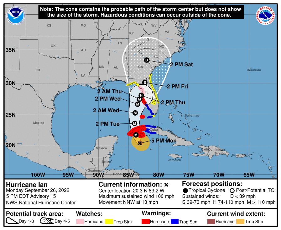 National Hurricane Center's projected storm path map for Hurricane Ian, showing the storm potentially striking anywhere between Central West Florida to Northern Florida and the Florida panhandle.