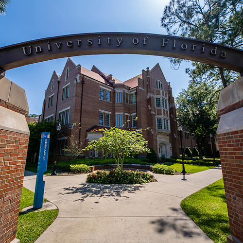 view from street of entrance to UF campus