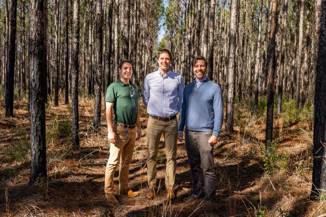 three men pictured in middle of pine forest