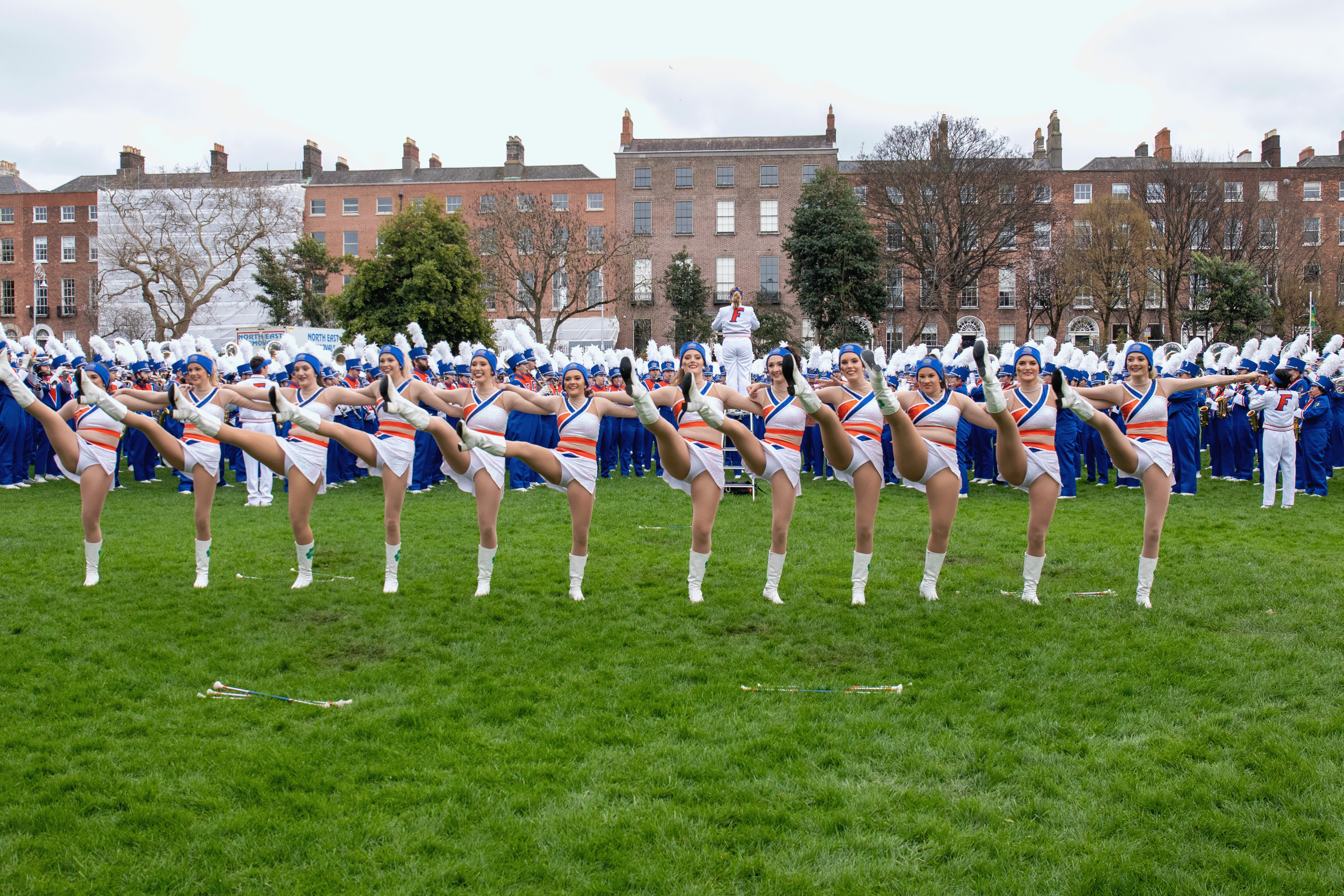Baton twirlers perform in Dublin, Ireland.