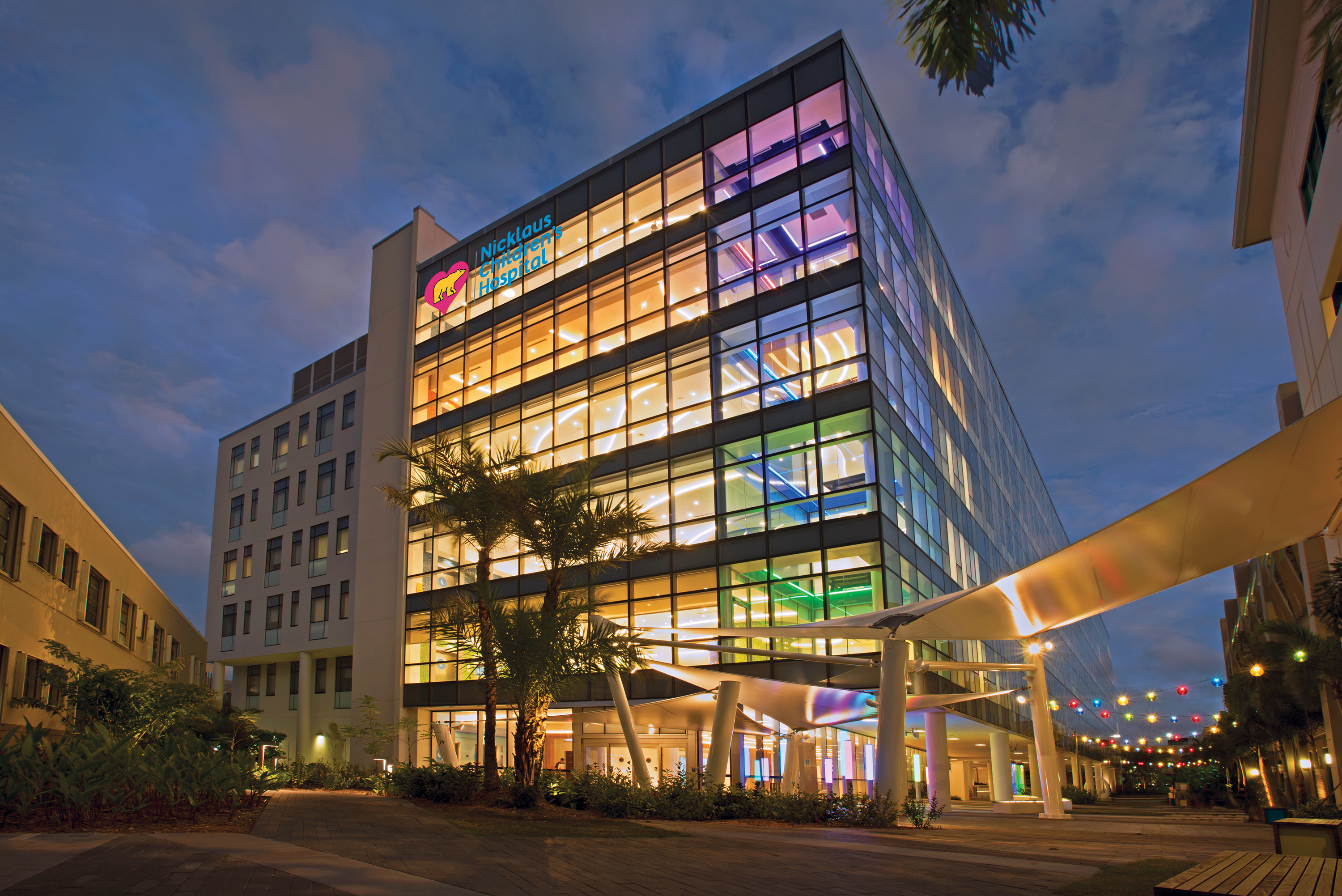 A photo of the Nicklaus Children's Hospital building in Miami, Florida.