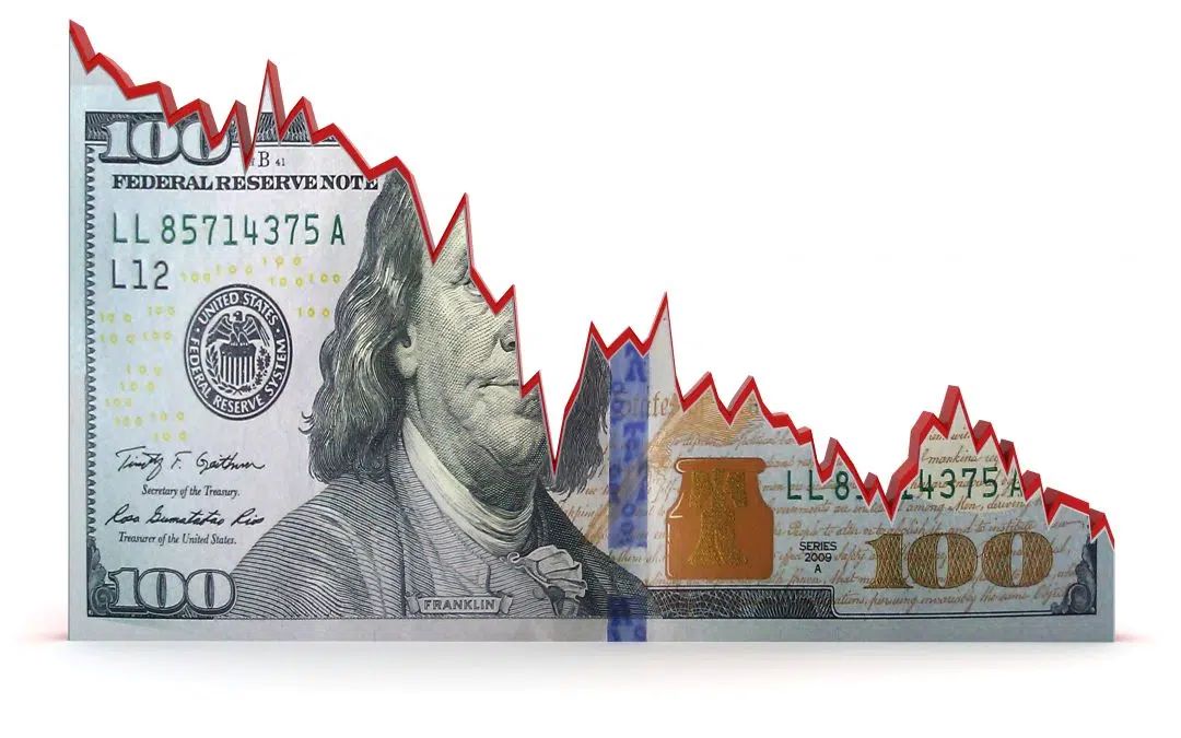A one hundred dollar bill cut in half by a declining stock graph