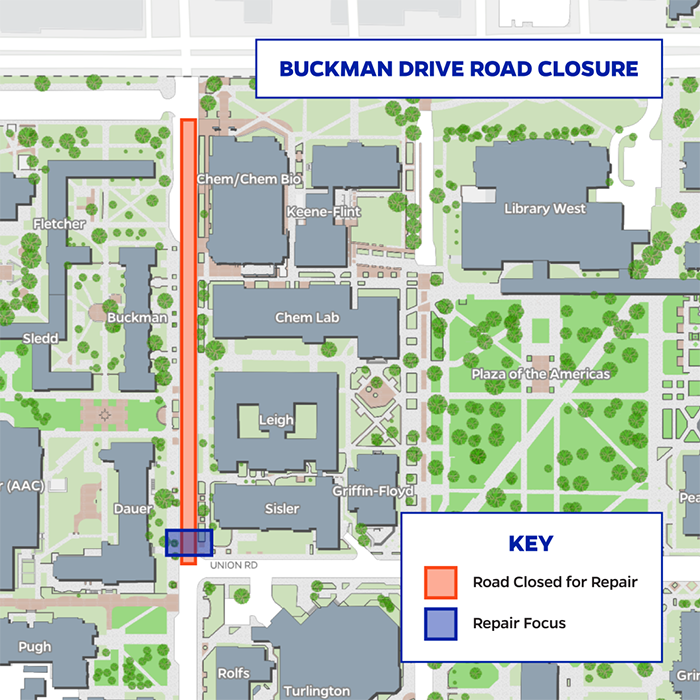 A graphic depicts the portion of Buckman Drive that will be closed north of Union Road.