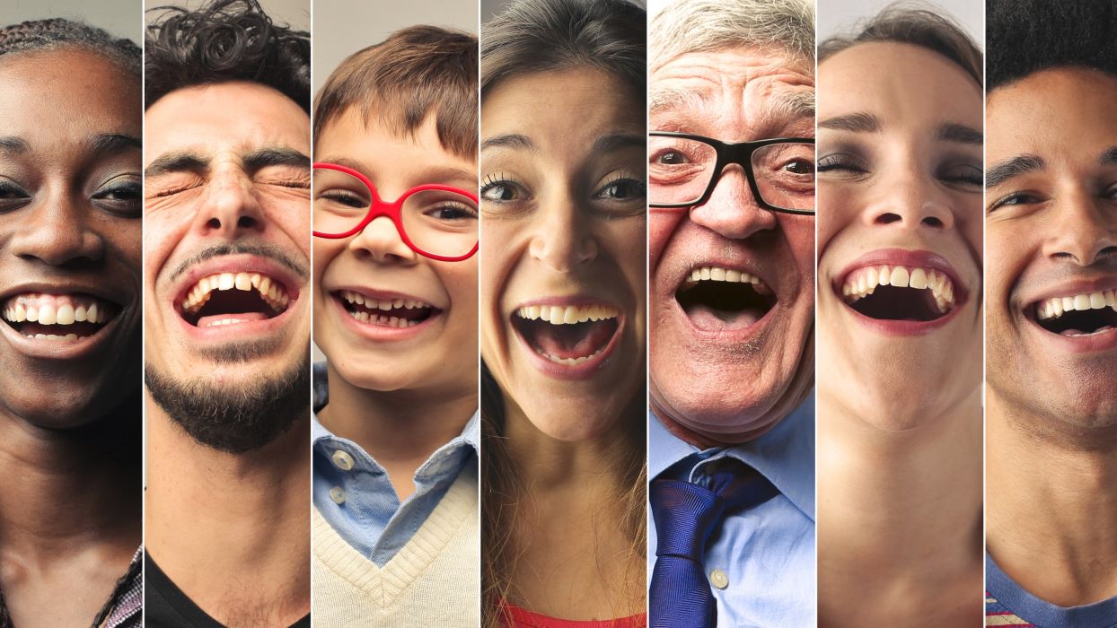 A collage of people of different ages smiling and laughing