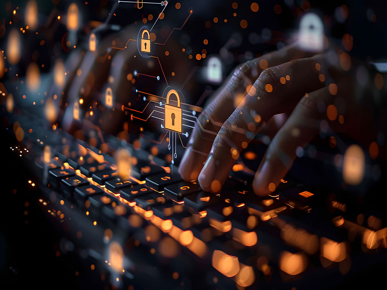 photo illustration of hands on keyboard with locks floating