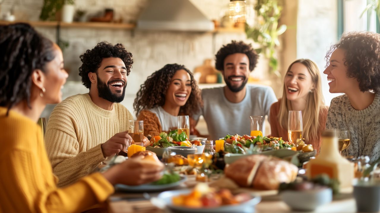 A group of people around a table of food indicating Thanksgiving