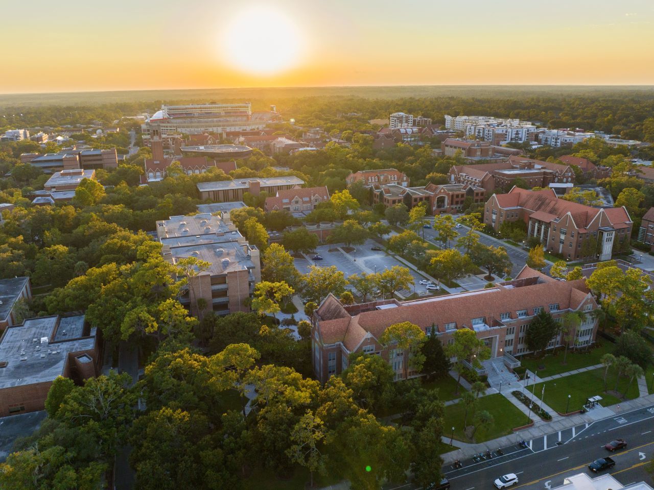 An aerial view of the University of Florida campus at sunset