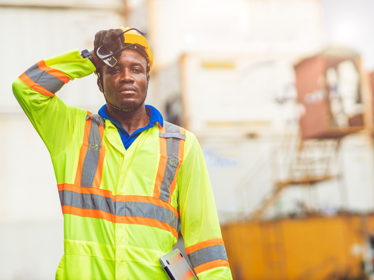 A construction worker in a high-vis vest wipes his sweaty face and looks exhausted