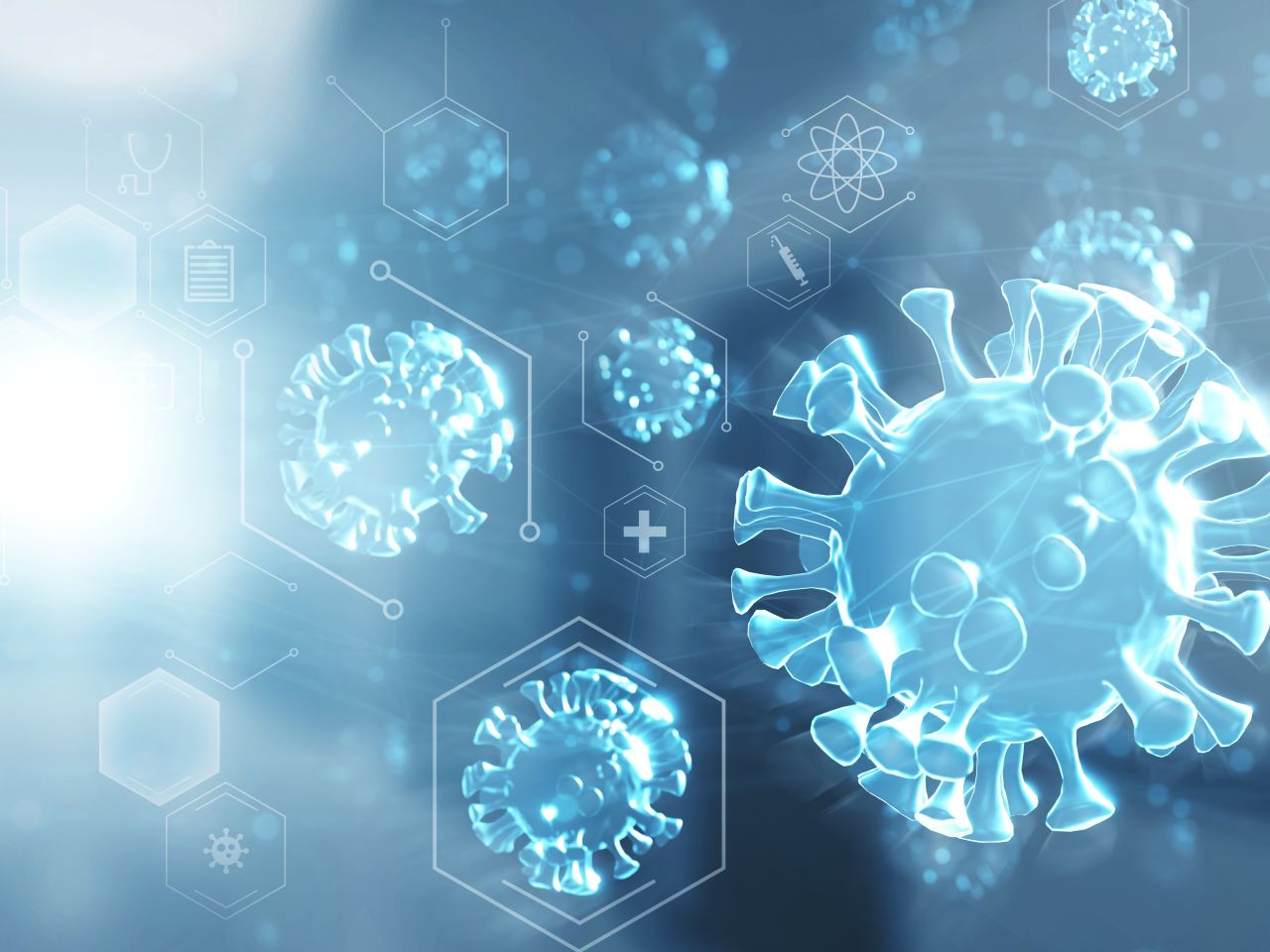 An artistic rendering of blue translucent virus particles