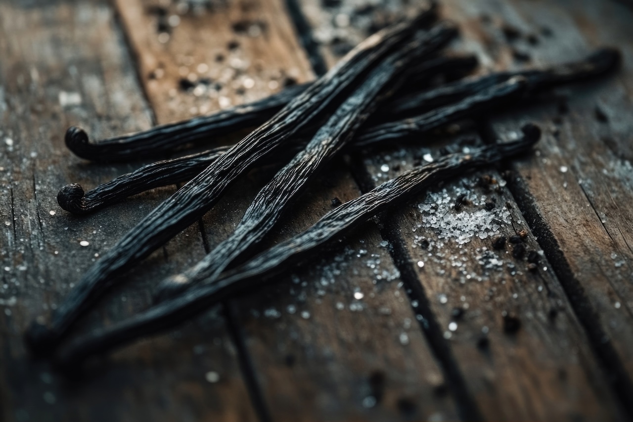 vanilla beans on a wooden table