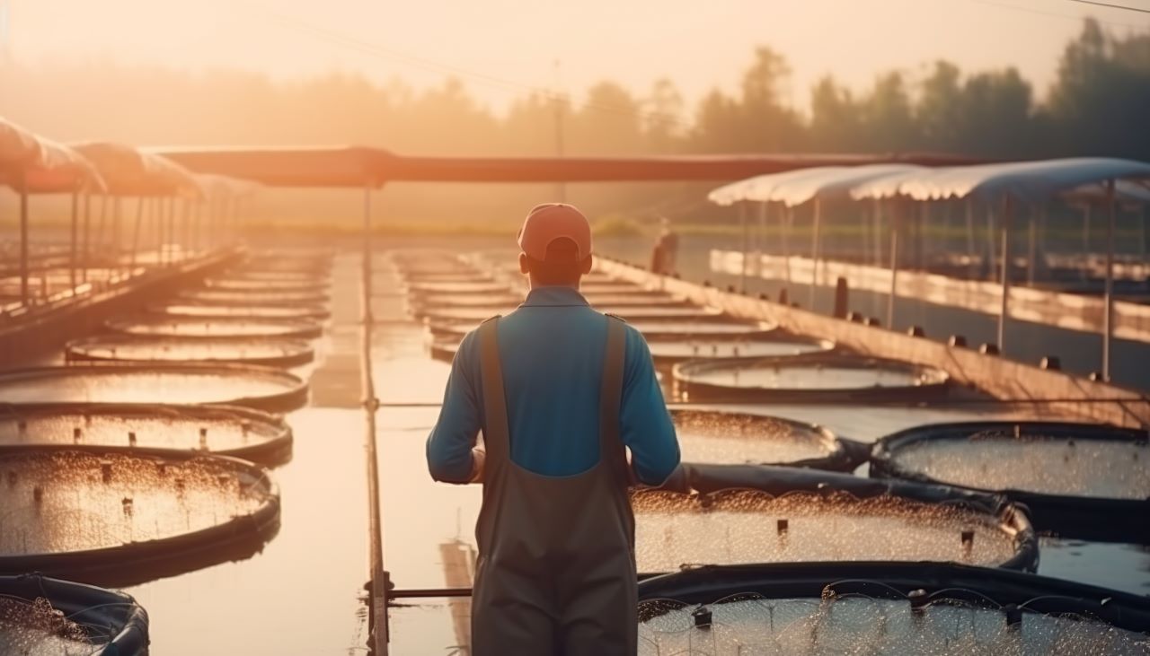 photo of back of farmer standing in front of fish farm