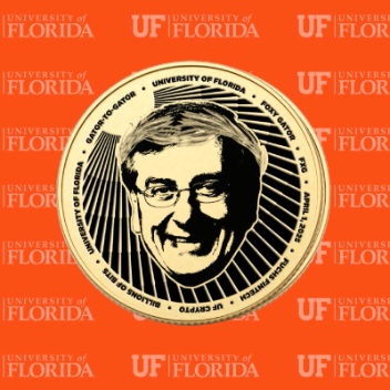 A graphic depicts a cryptocurrency coin with the image of a man's face.