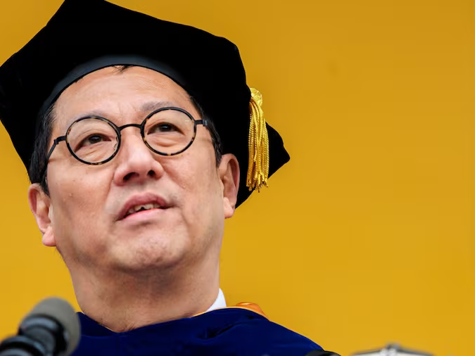 University of Michigan President Santa Ono speaks during the Spring Commencement at Michigan Stadium in Ann Arbor this month. [ JACOB HAMILTON | mlive.com ]