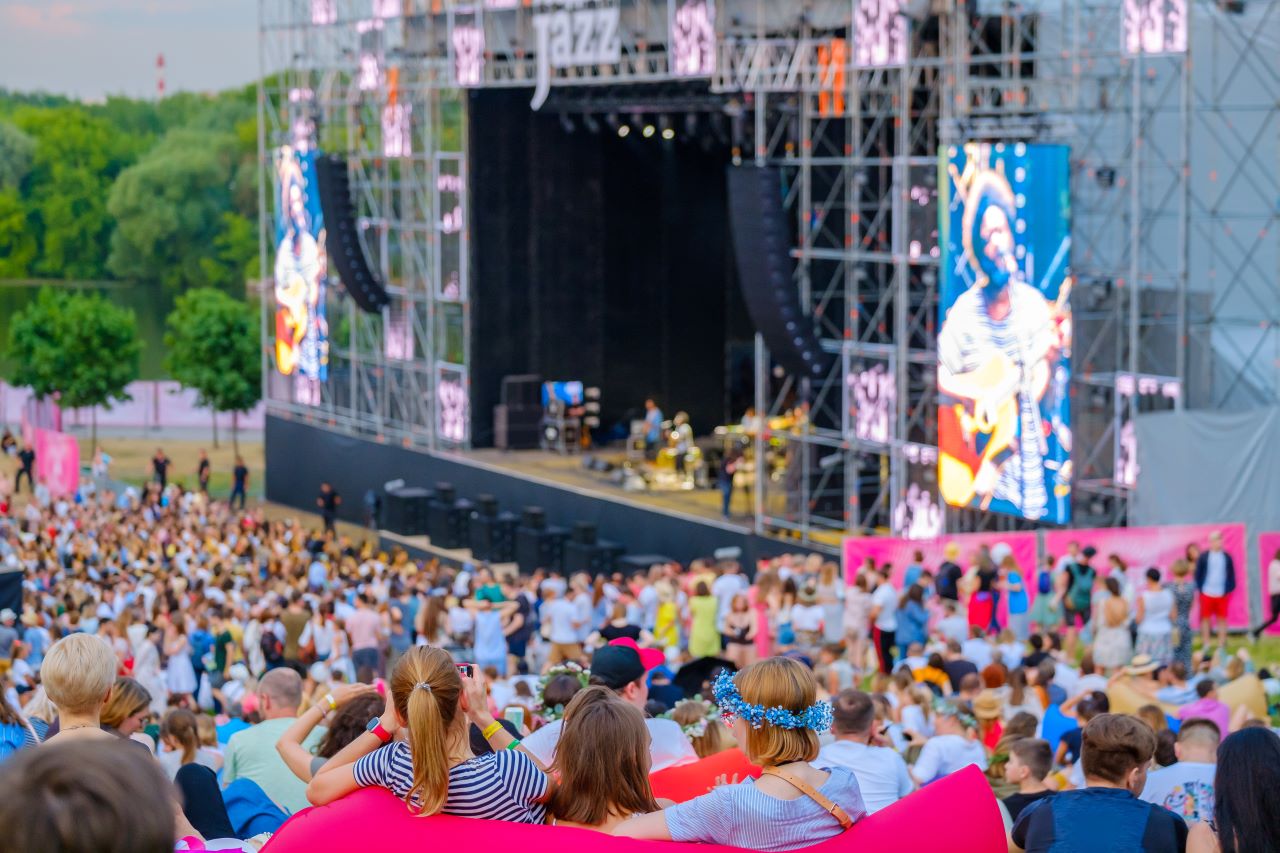 View from high seats of a stage during summer concert