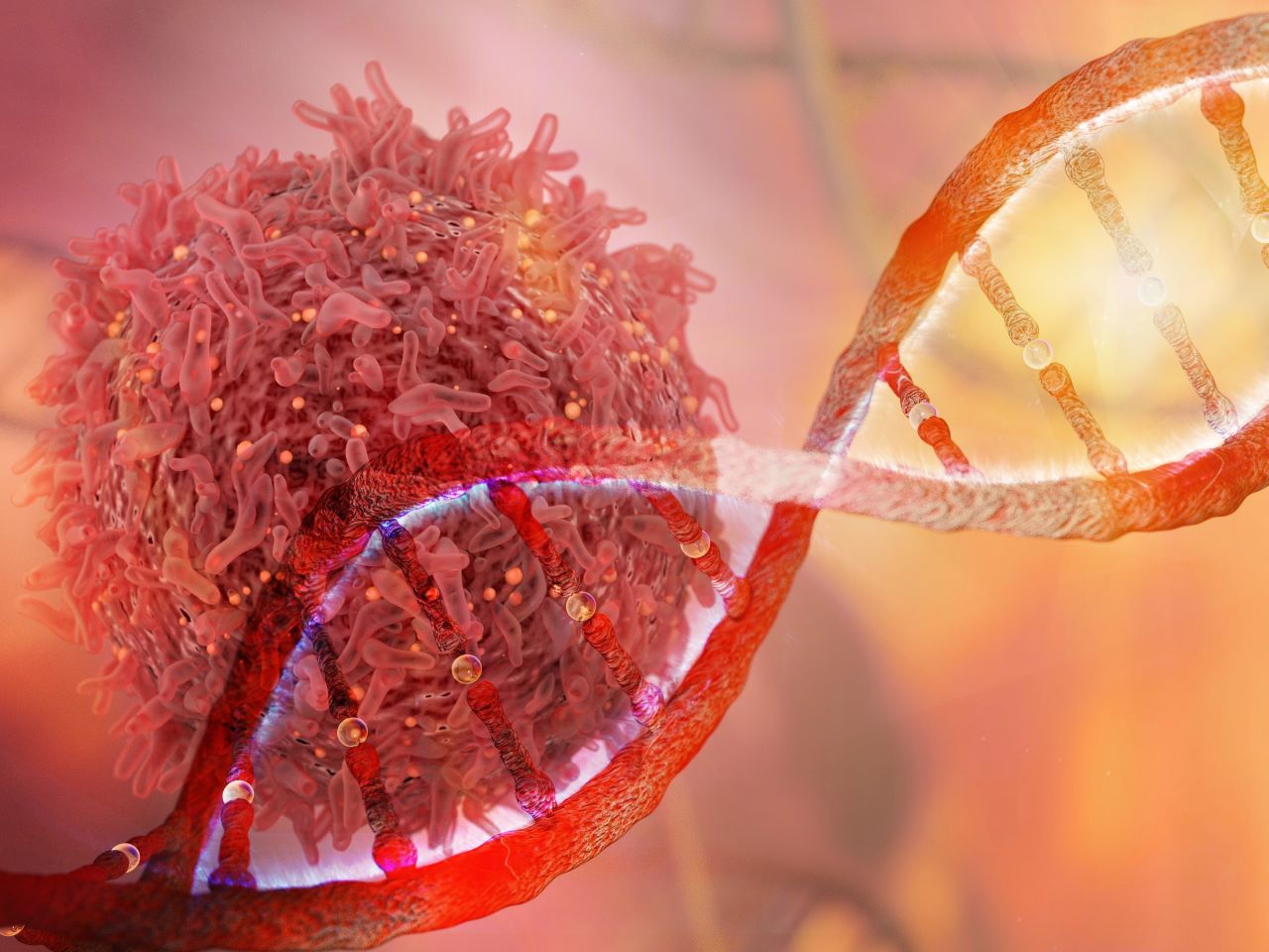 An illustration of a cancer cell with a DNA helix in the foreground