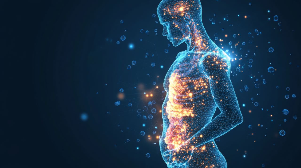 an illustration illuminating a human silhouette with glowing bacteria