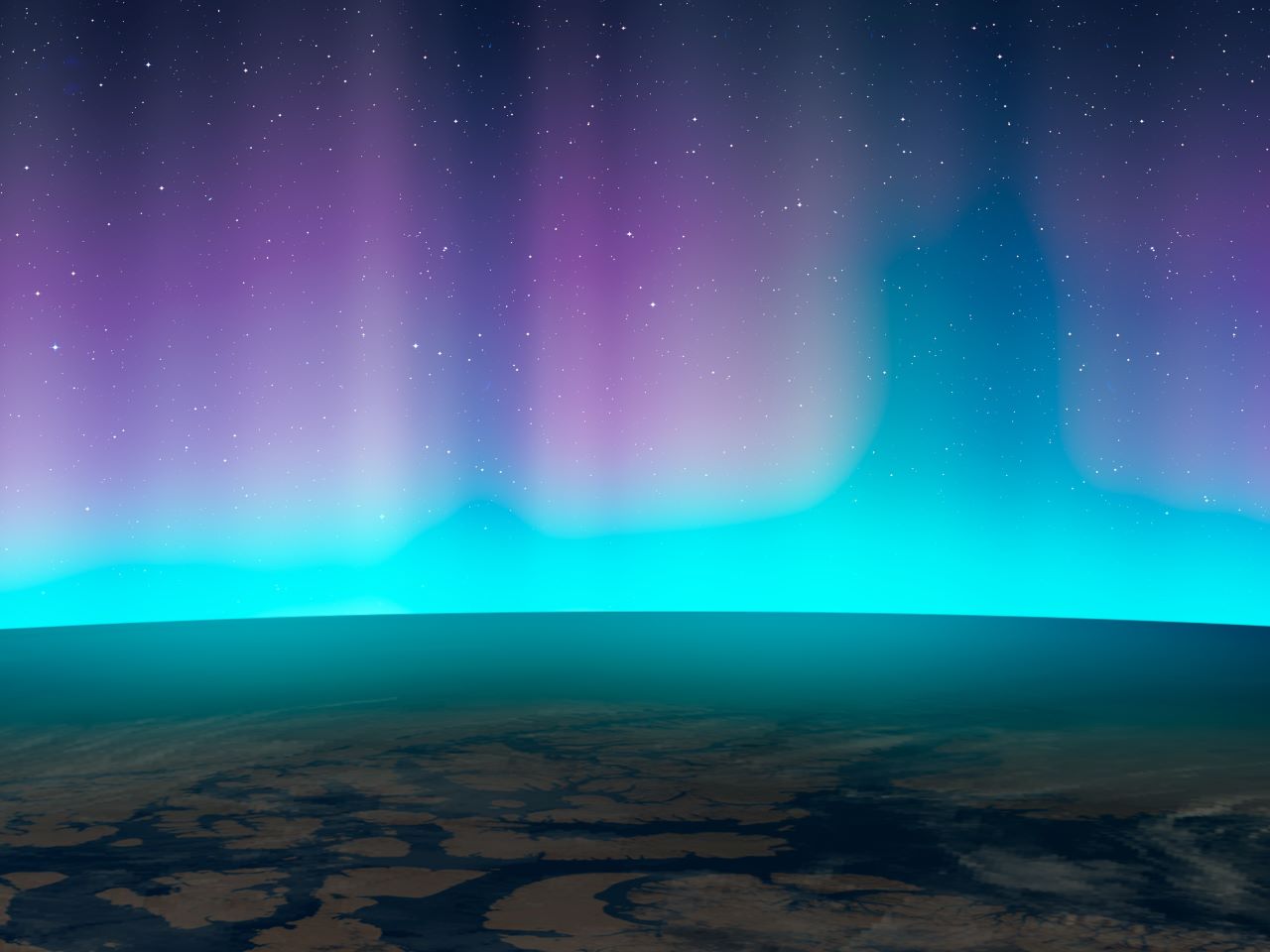 Blue and purple curtains of light from the aurora seen from above the Earth's horizon