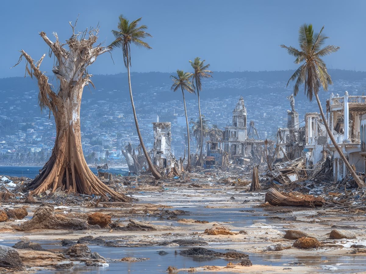 a photo of naked trees and debris on the beach in Puerto Rico