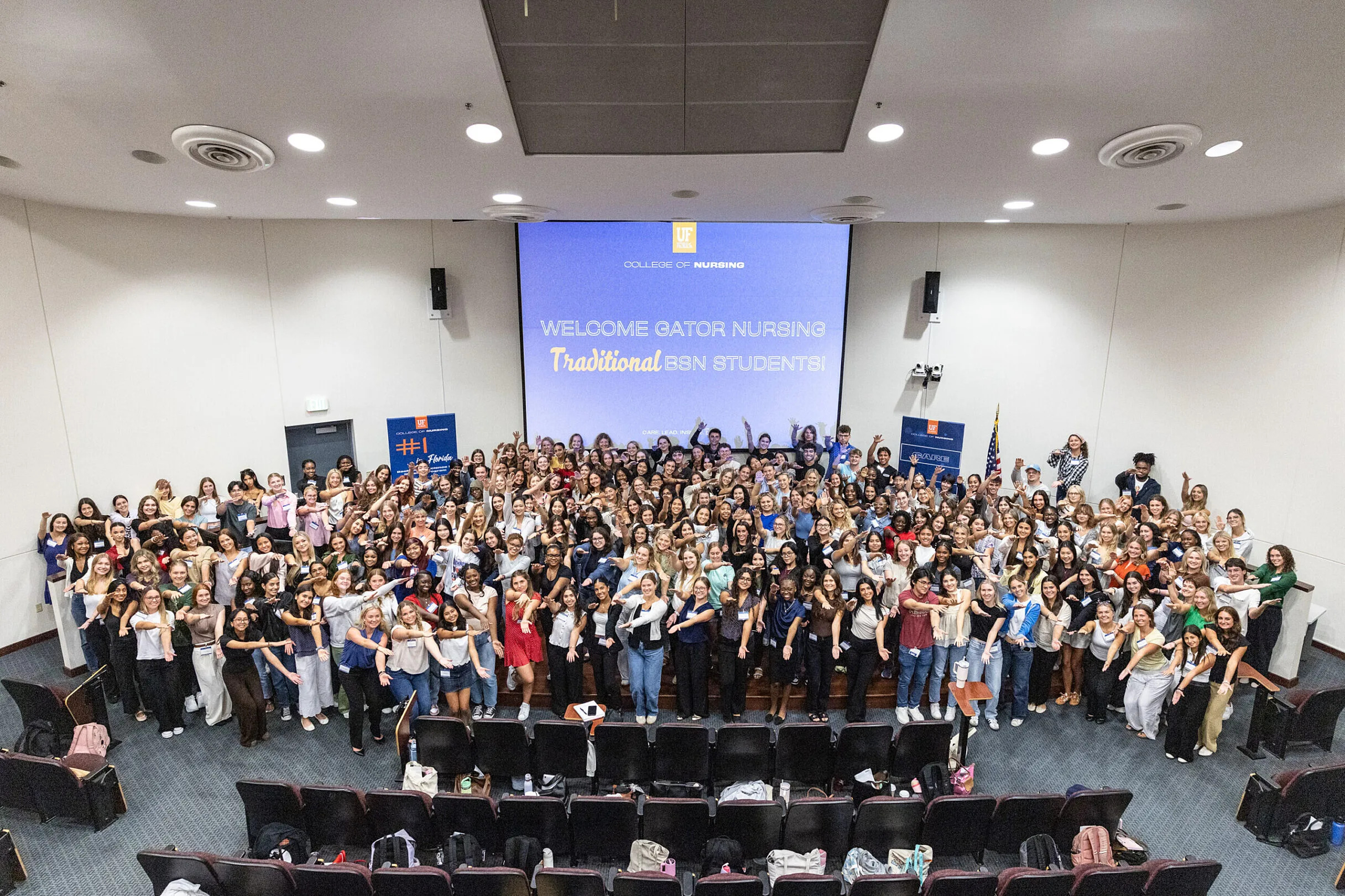 The UF College of Nursing welcomed the Fall 2025 cohort of 226 students — the largest undergraduate class in the college’s history. (Photo by Betsy Brzezinski)