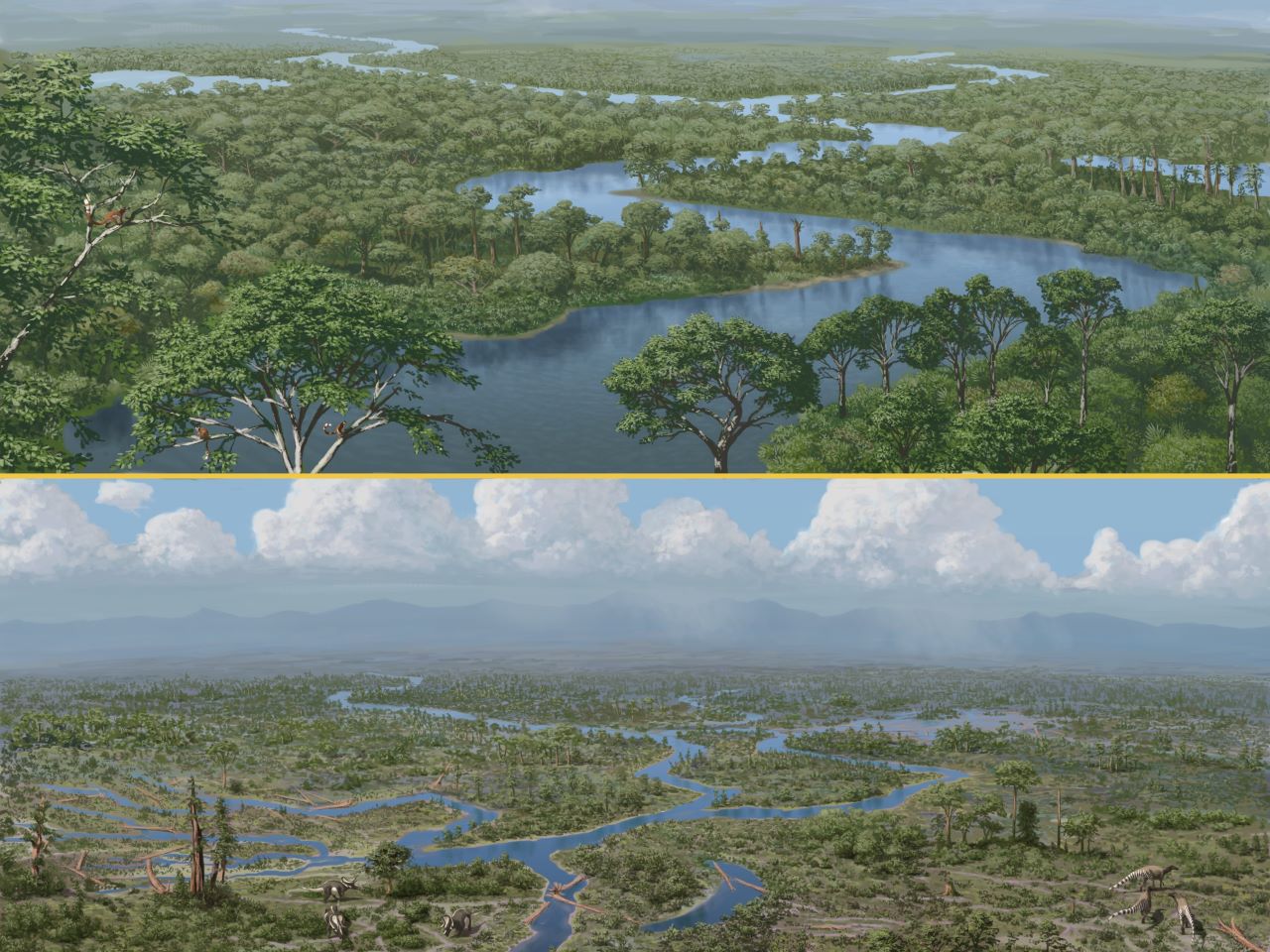 A rendering of a forested river landscape above a rendering of a trampled river landscape