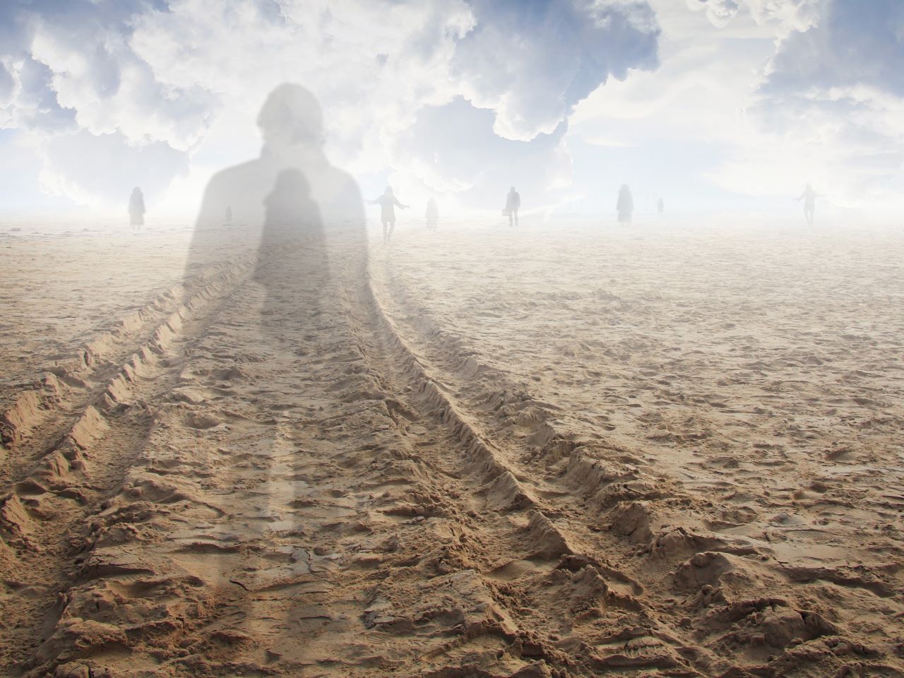 Ghostly, transparent figures walk through dry terrain