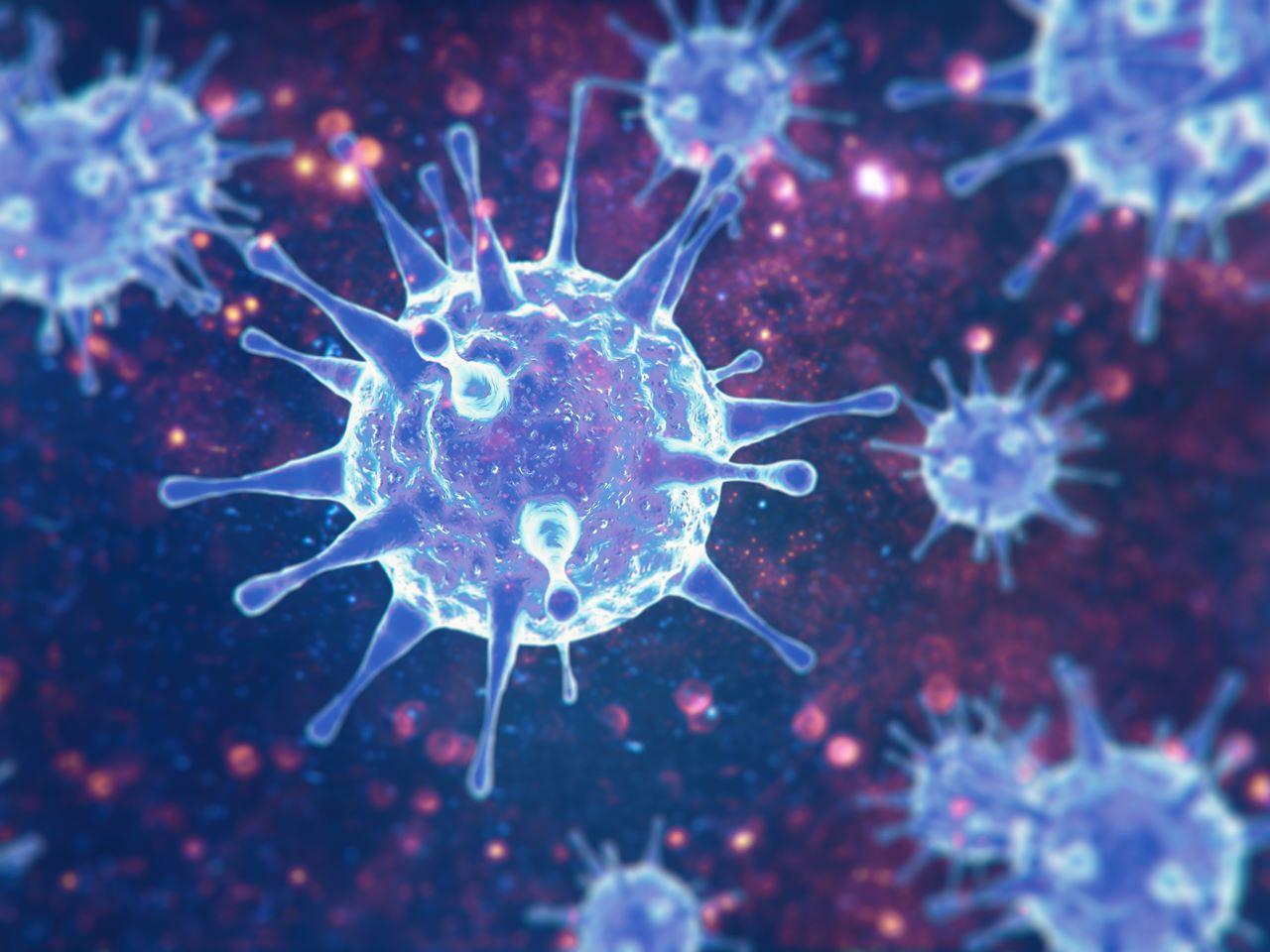 An illustration of a many viral particles