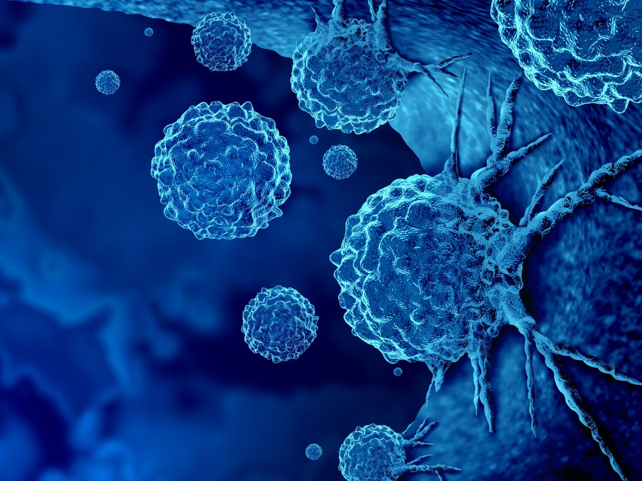 An illustration of cancer cells in blue shades