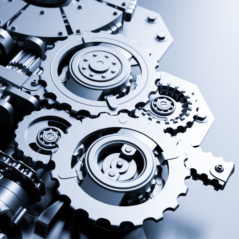 Many interconnected metallic cogs