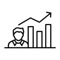 An icon of a person with a bar graph next to them and an upward line graph.